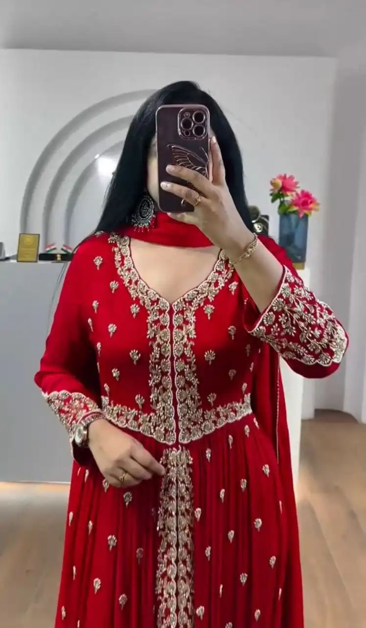 Super Red Faux Georgette Sequence Work Gown