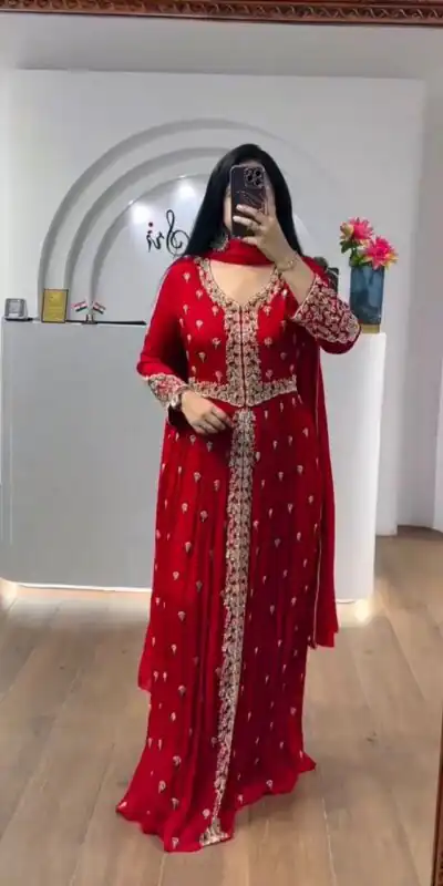 Super Red Faux Georgette Sequence Work Gown