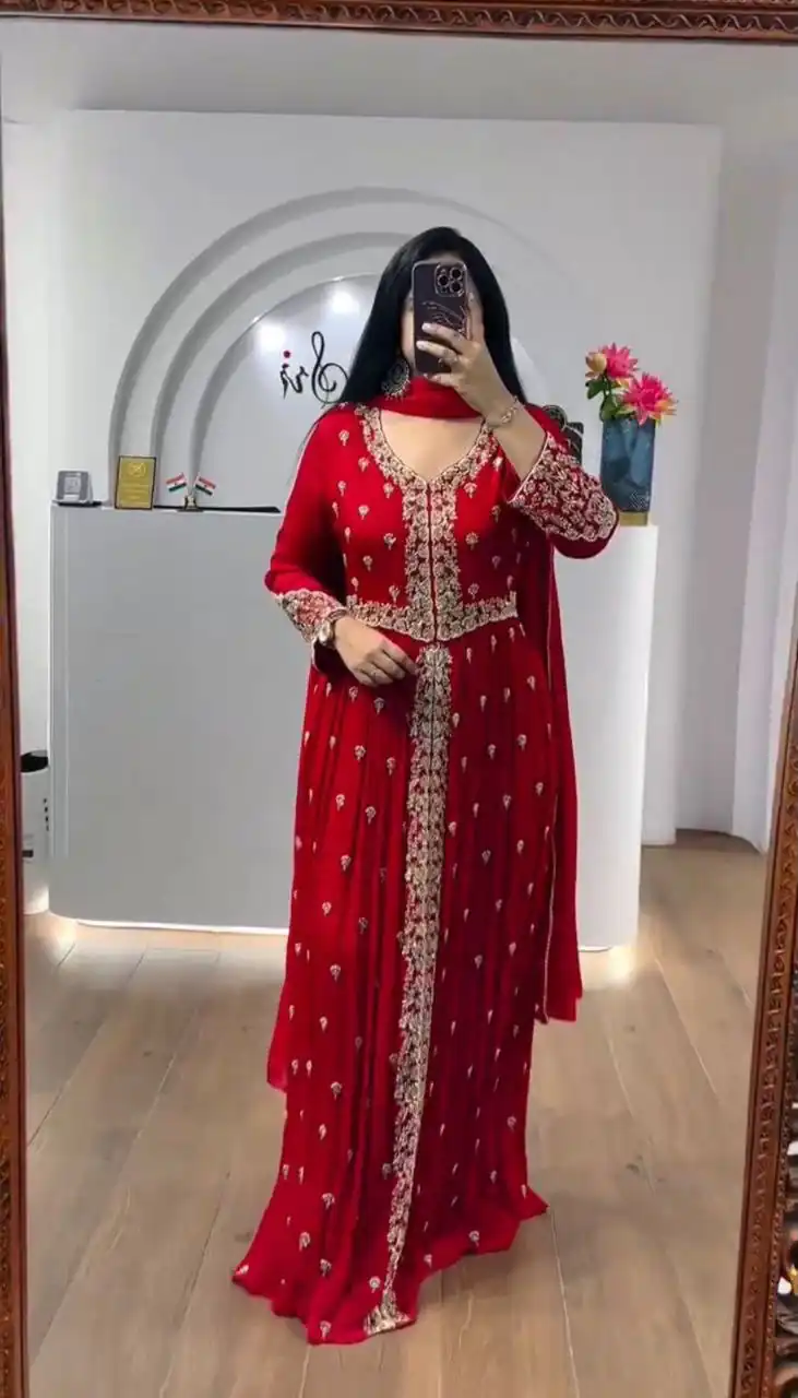 Super Red Faux Georgette Sequence Work Gown