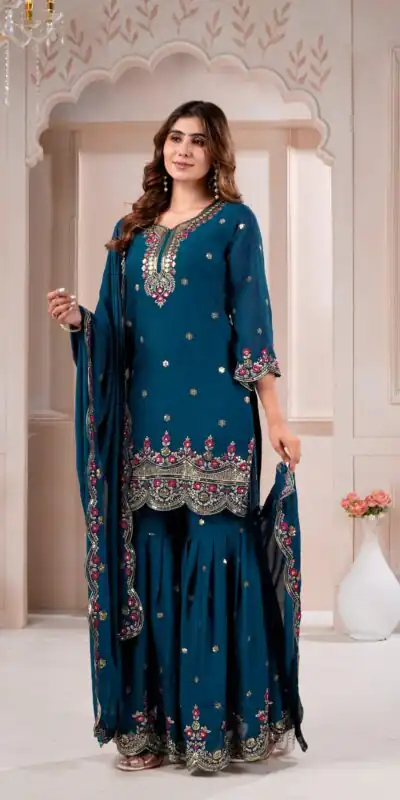 Super Teal Rangoli Crush Embroidery Work Salwar Suit