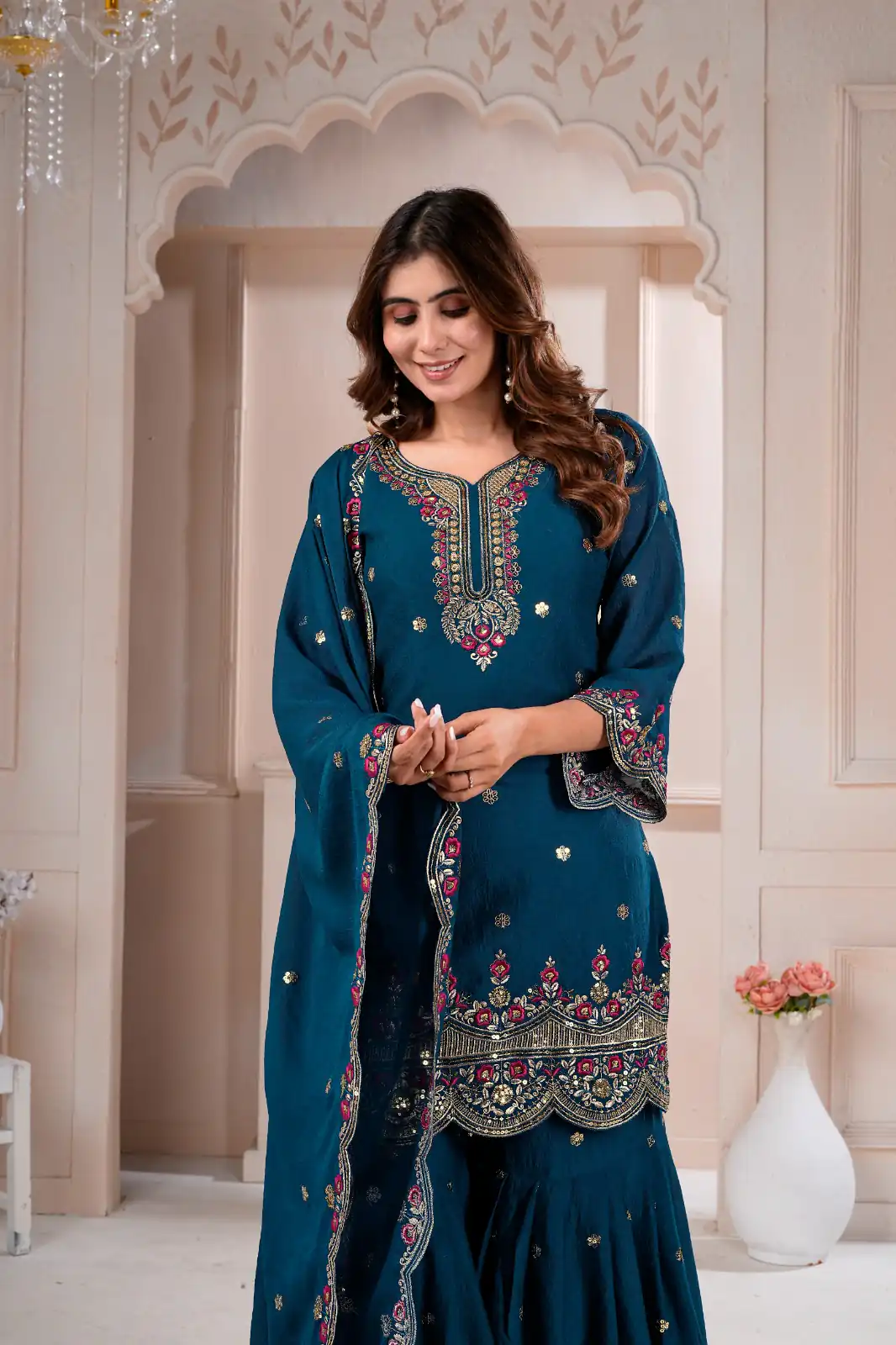 Super Teal Rangoli Crush Embroidery Work Salwar Suit