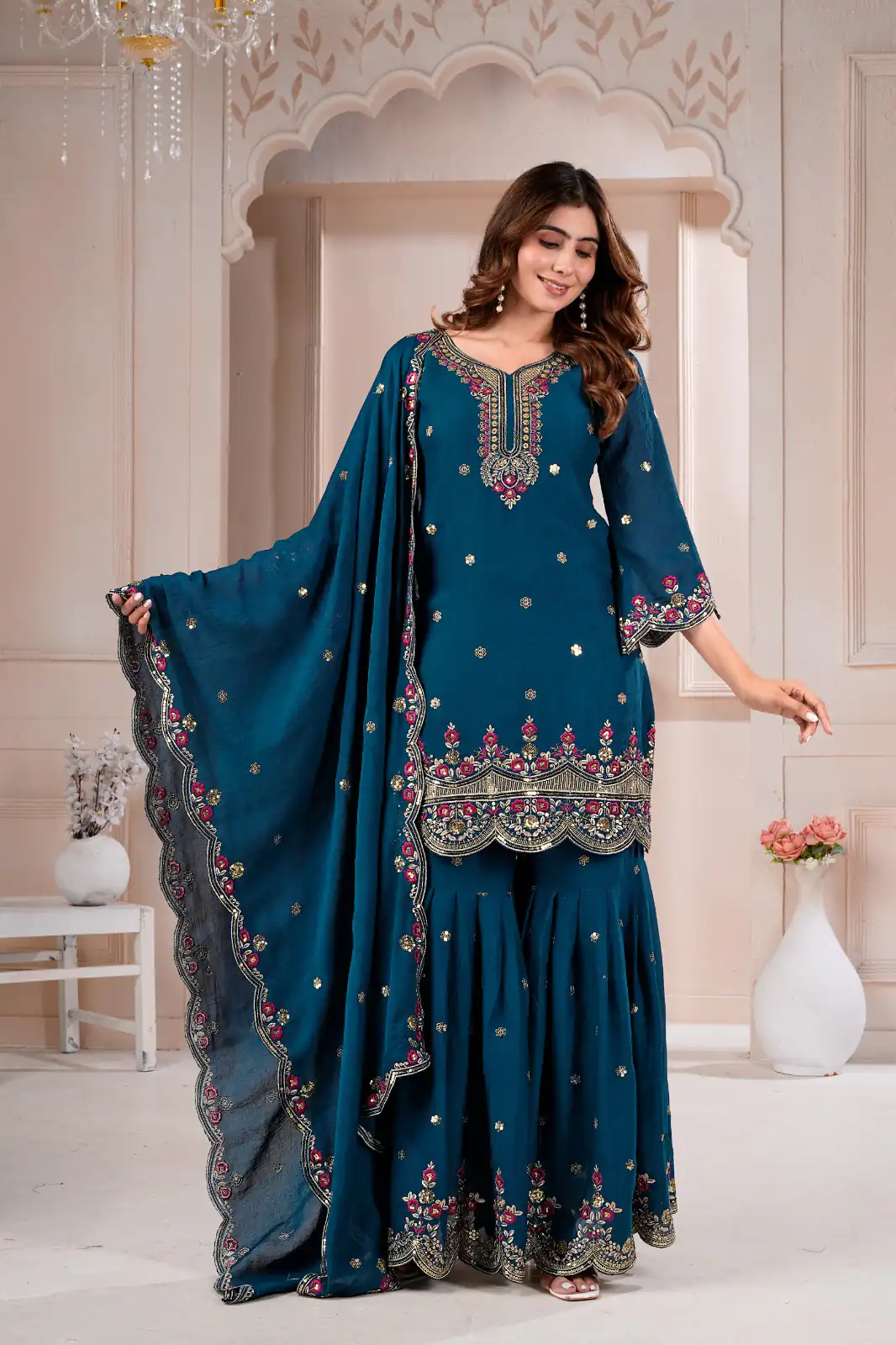Super Teal Rangoli Crush Embroidery Work Salwar Suit