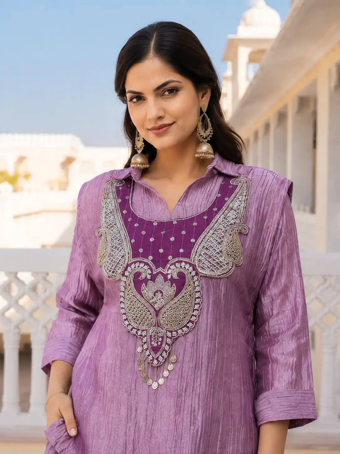 Trendy Lavender Salsa Beads Work Kurti