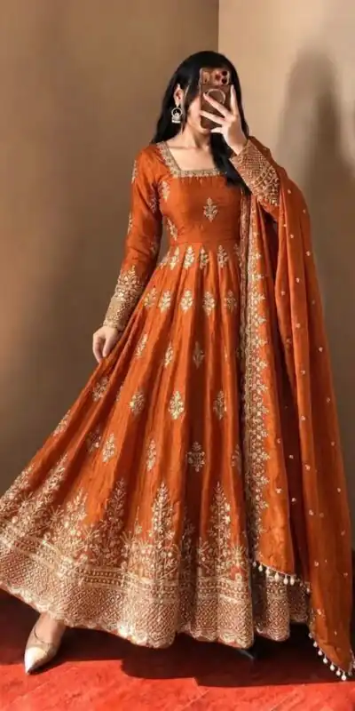 Trendy Orange Fendy Silk Embroidery Work Gown