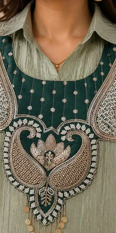 Trendy Pista Salsa Beads Work Kurti