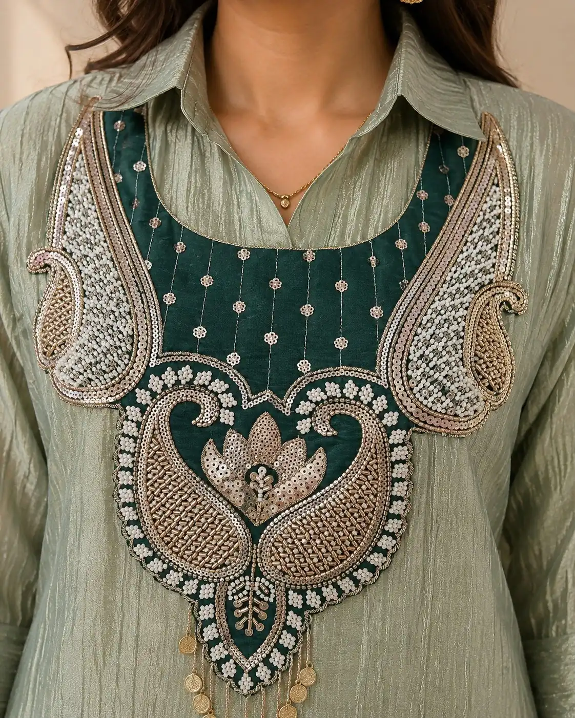 Trendy Pista Salsa Beads Work Kurti