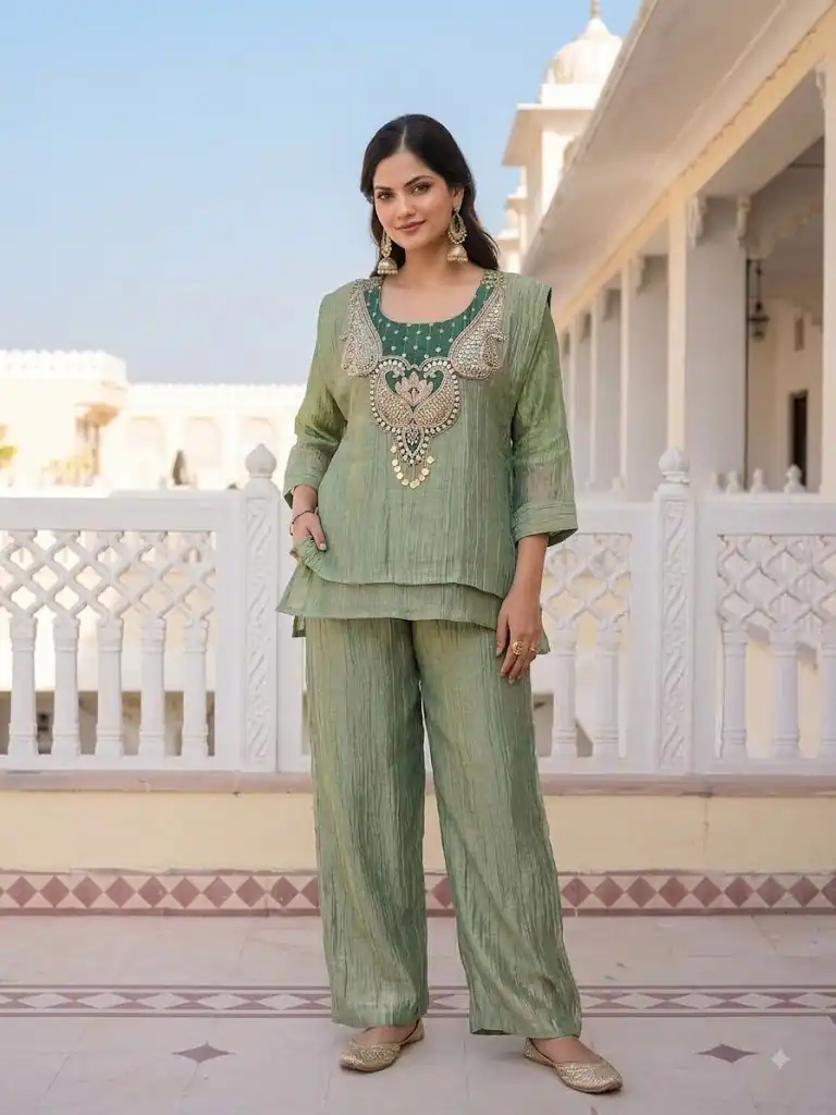 Trendy Pista Salsa Beads Work Kurti