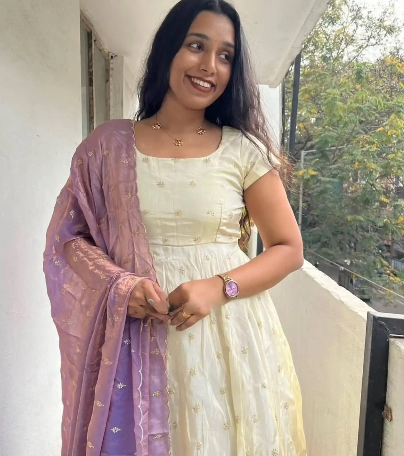 Trendy White Chinon Silk Sequins Work Lavender Dupatta Gown