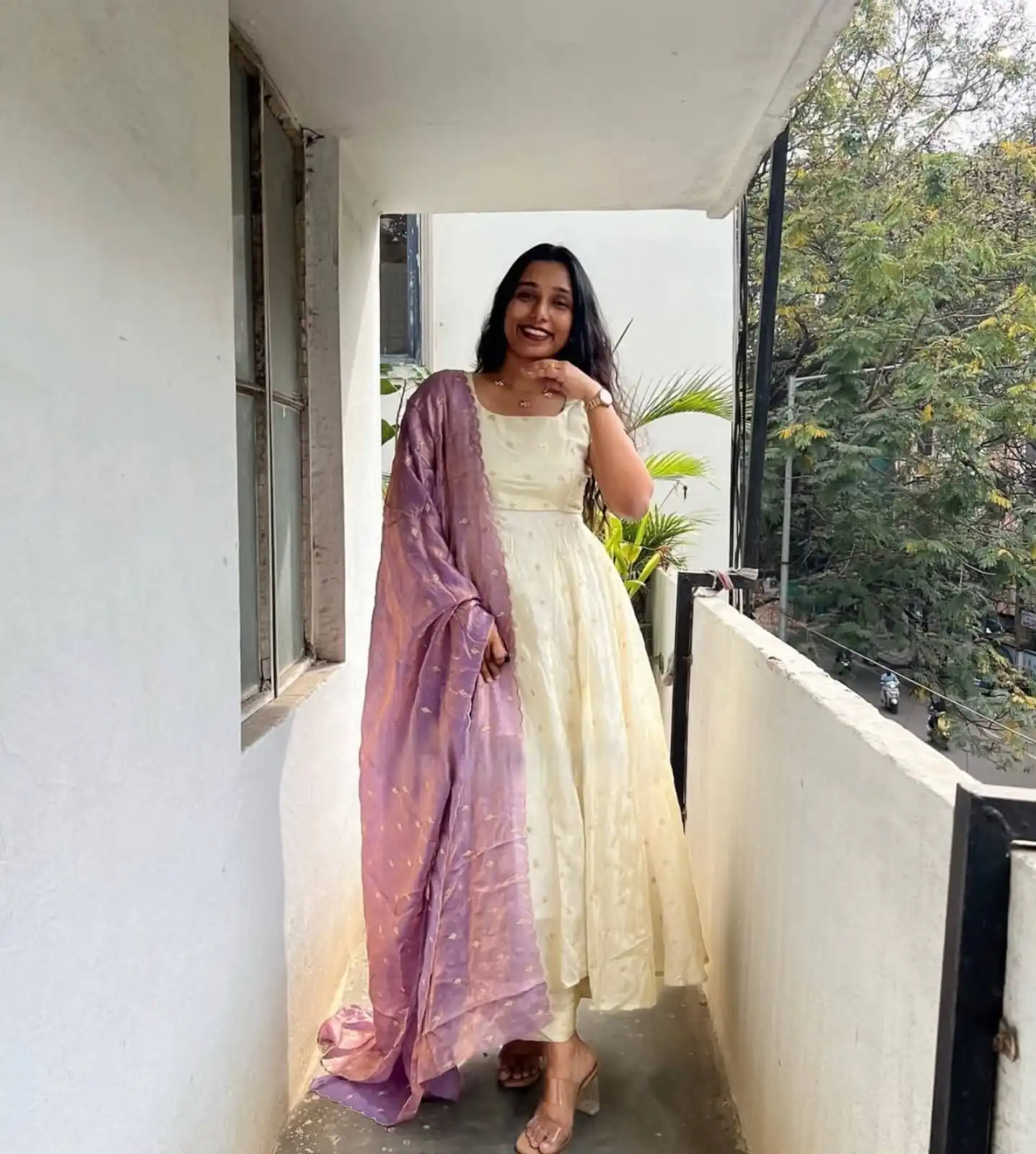 Trendy White Chinon Silk Sequins Work Lavender Dupatta Gown