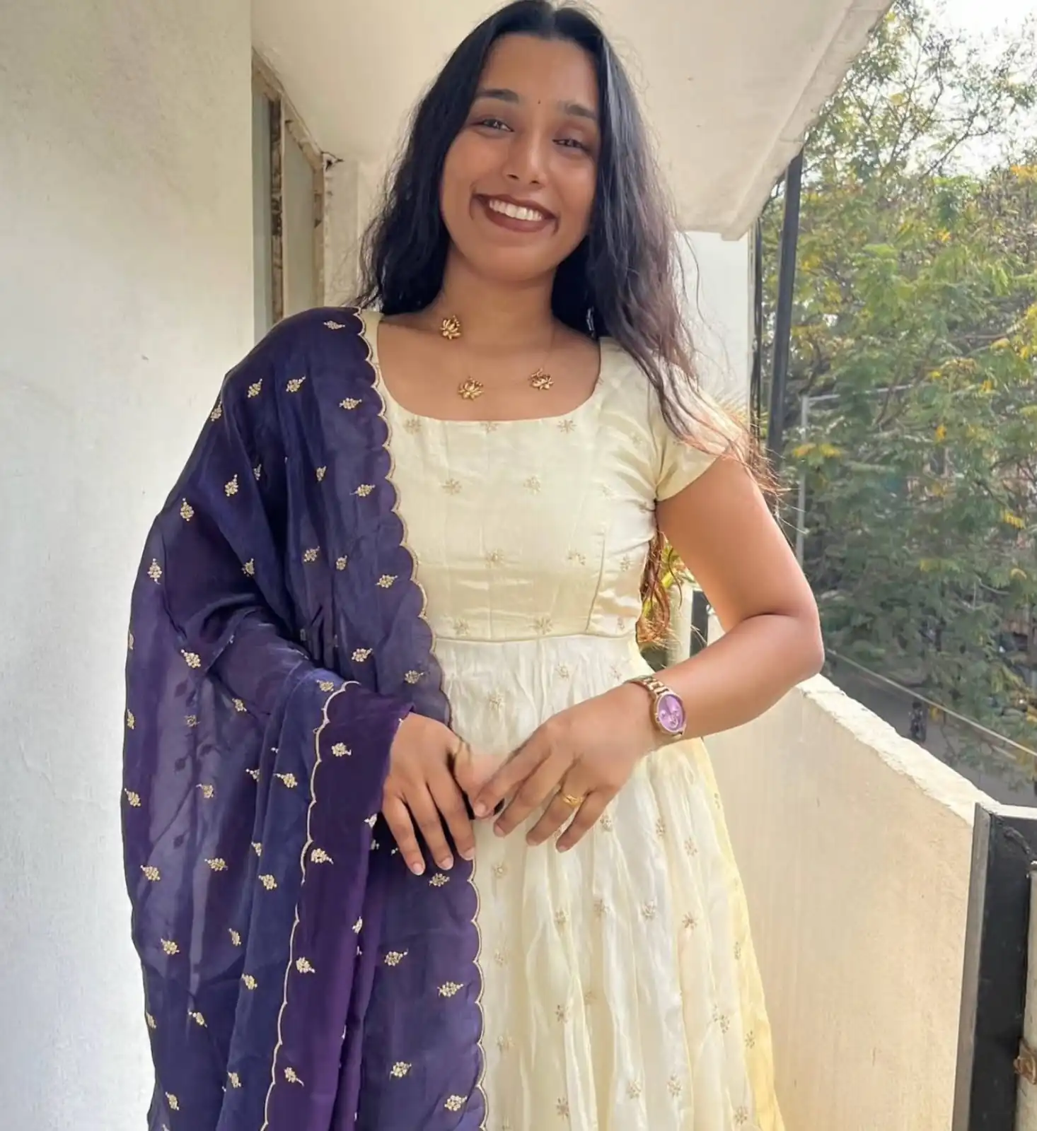 Trendy White Chinon Silk Sequins Work Purple Dupatta Gown