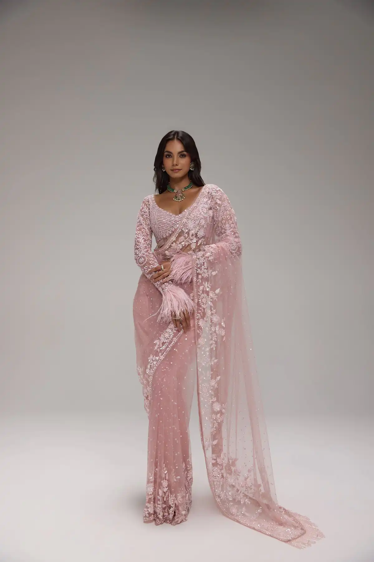 Unique Light Pink Butterfly Net Sequins Saree