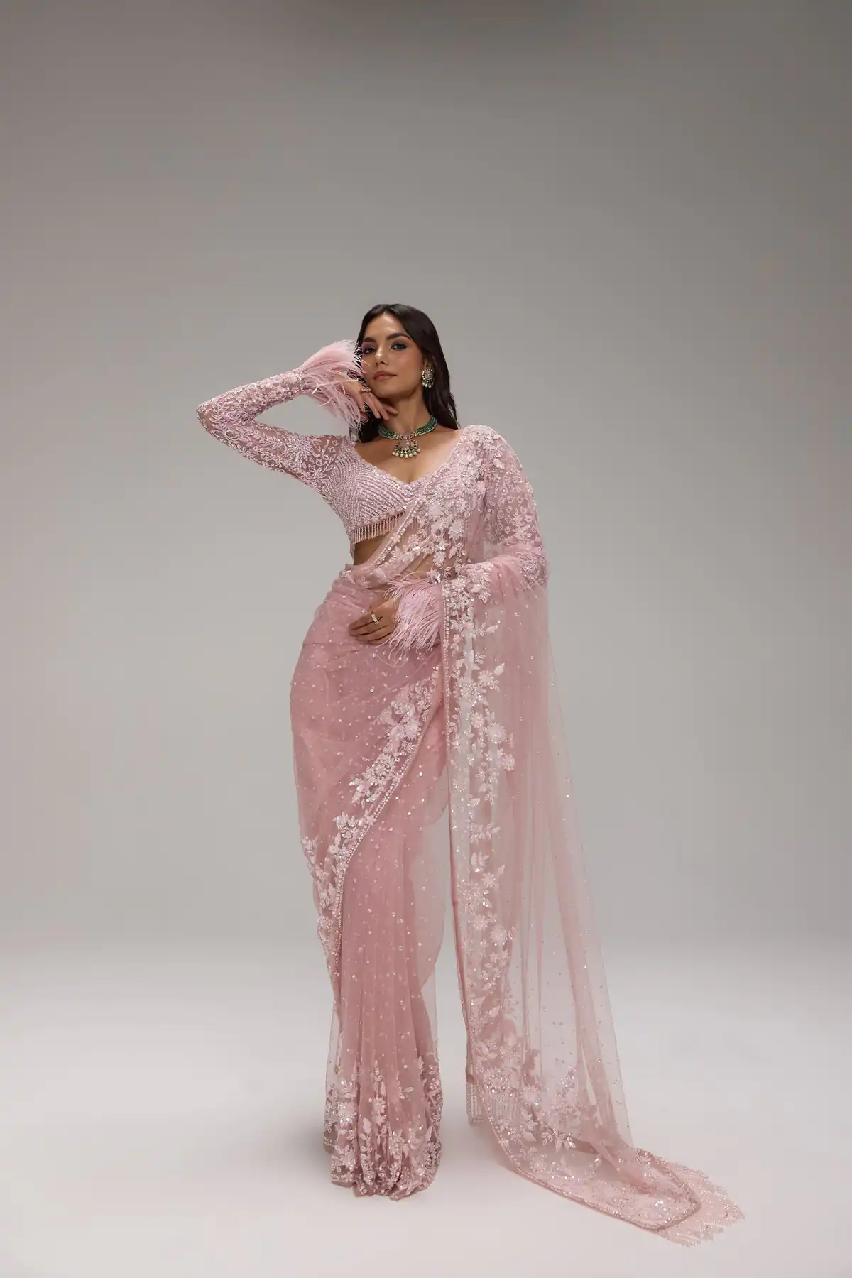 Unique Light Pink Butterfly Net Sequins Saree