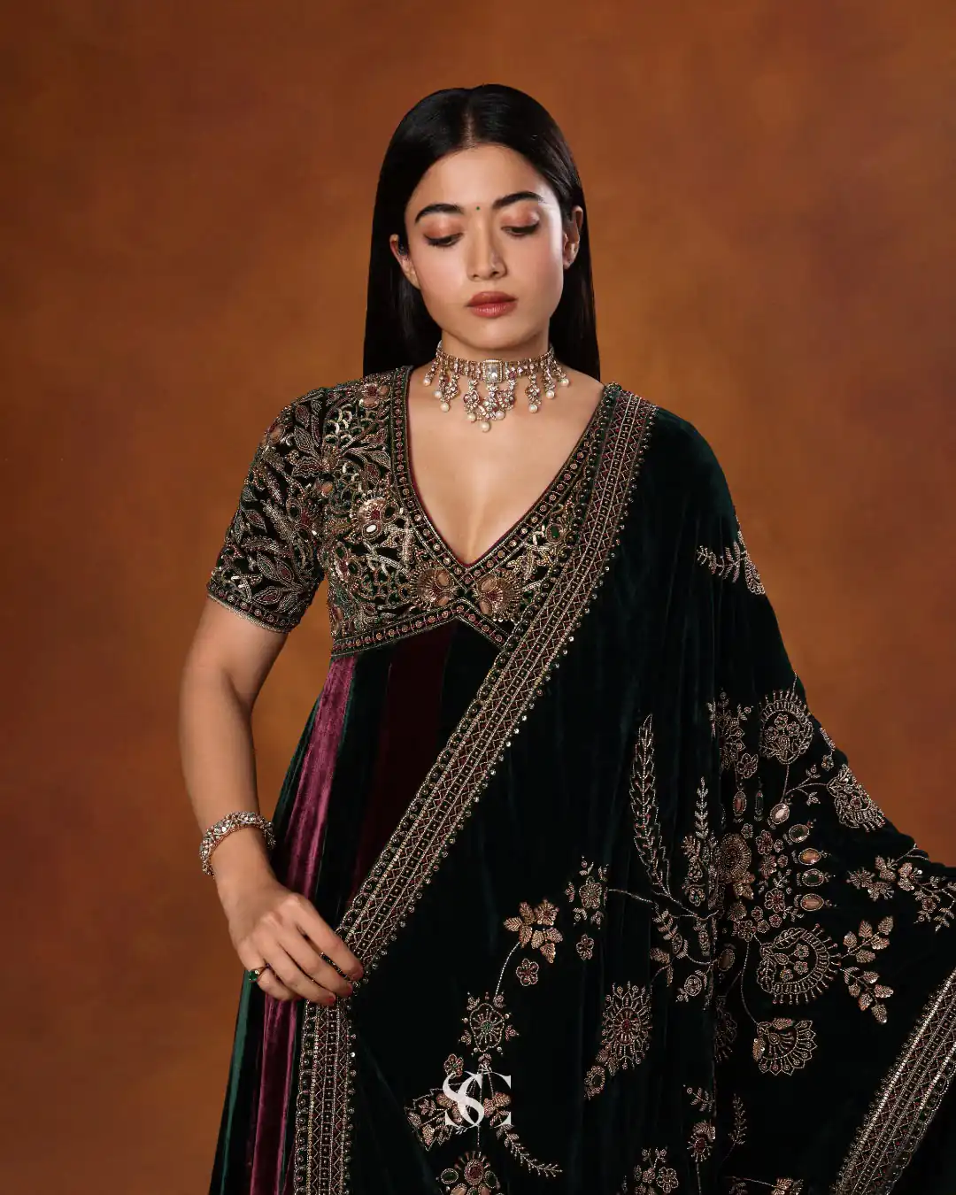 Unique Maroon 9000 Velvet Sequence Work Gown