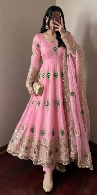 Unique Pink Fendy Silk Threads Work Gown