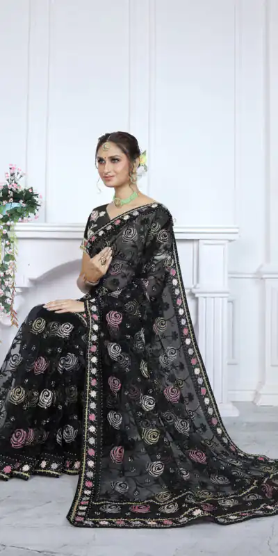 Unique White Butterfly Net Stone Saree