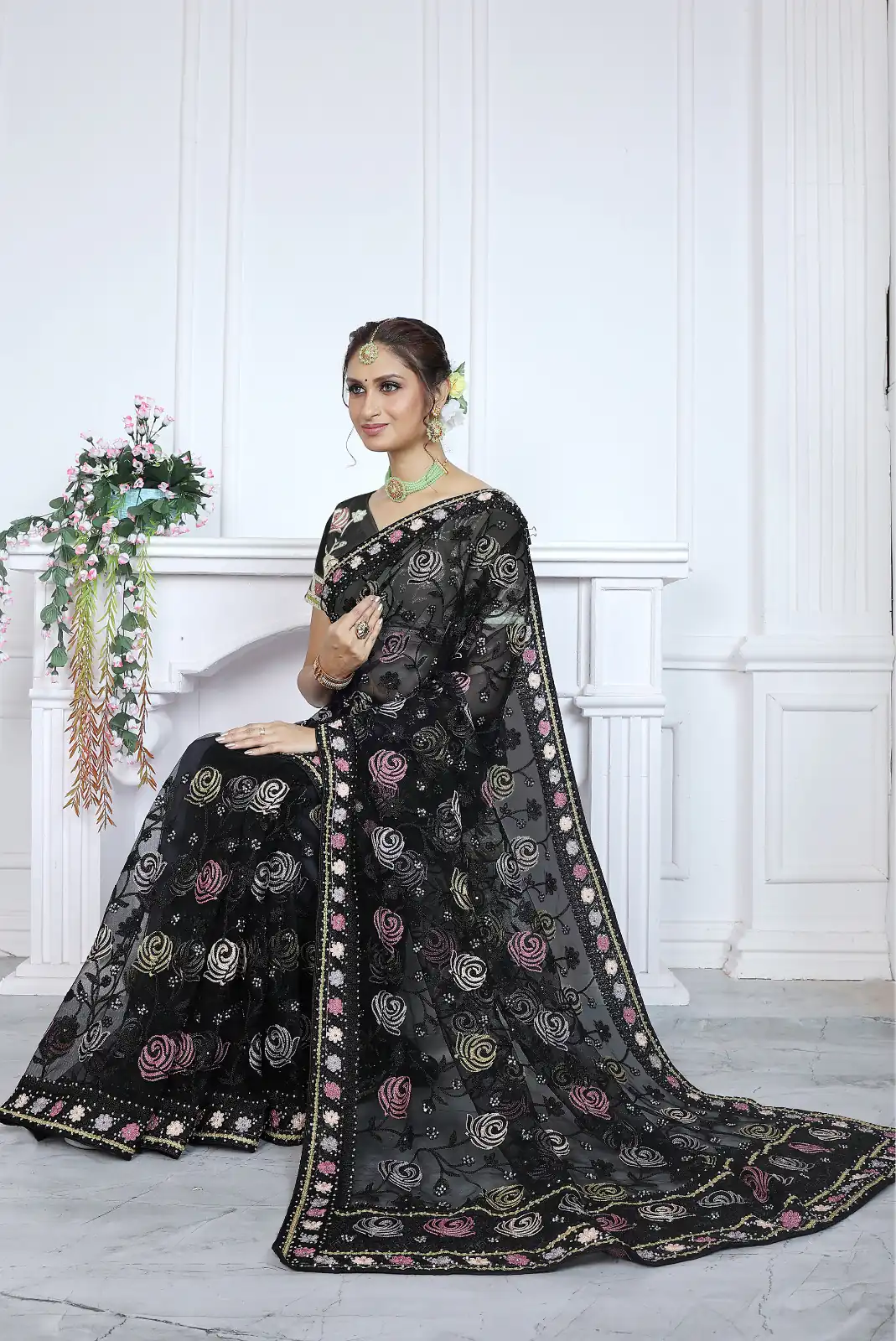 Unique White Butterfly Net Stone Saree