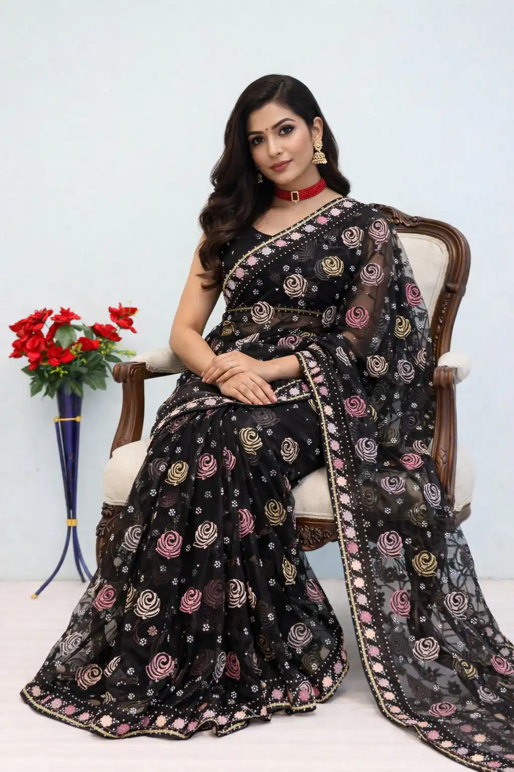 Unique White Butterfly Net Stone Saree