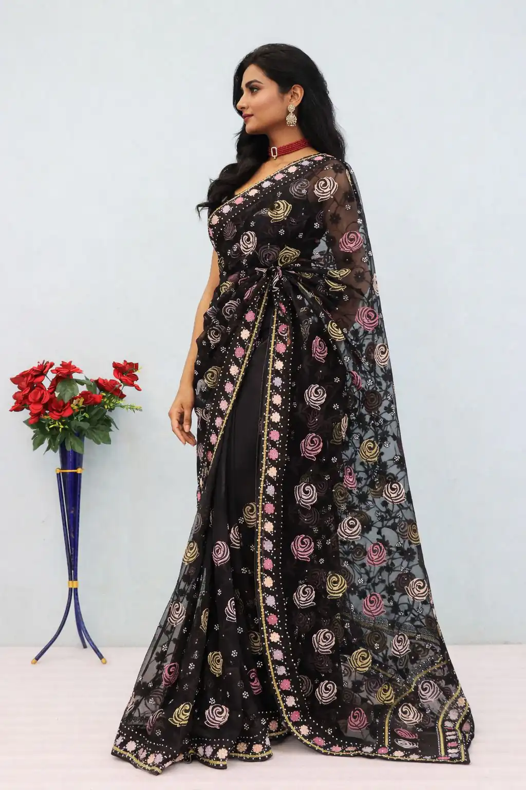 Unique White Butterfly Net Stone Saree