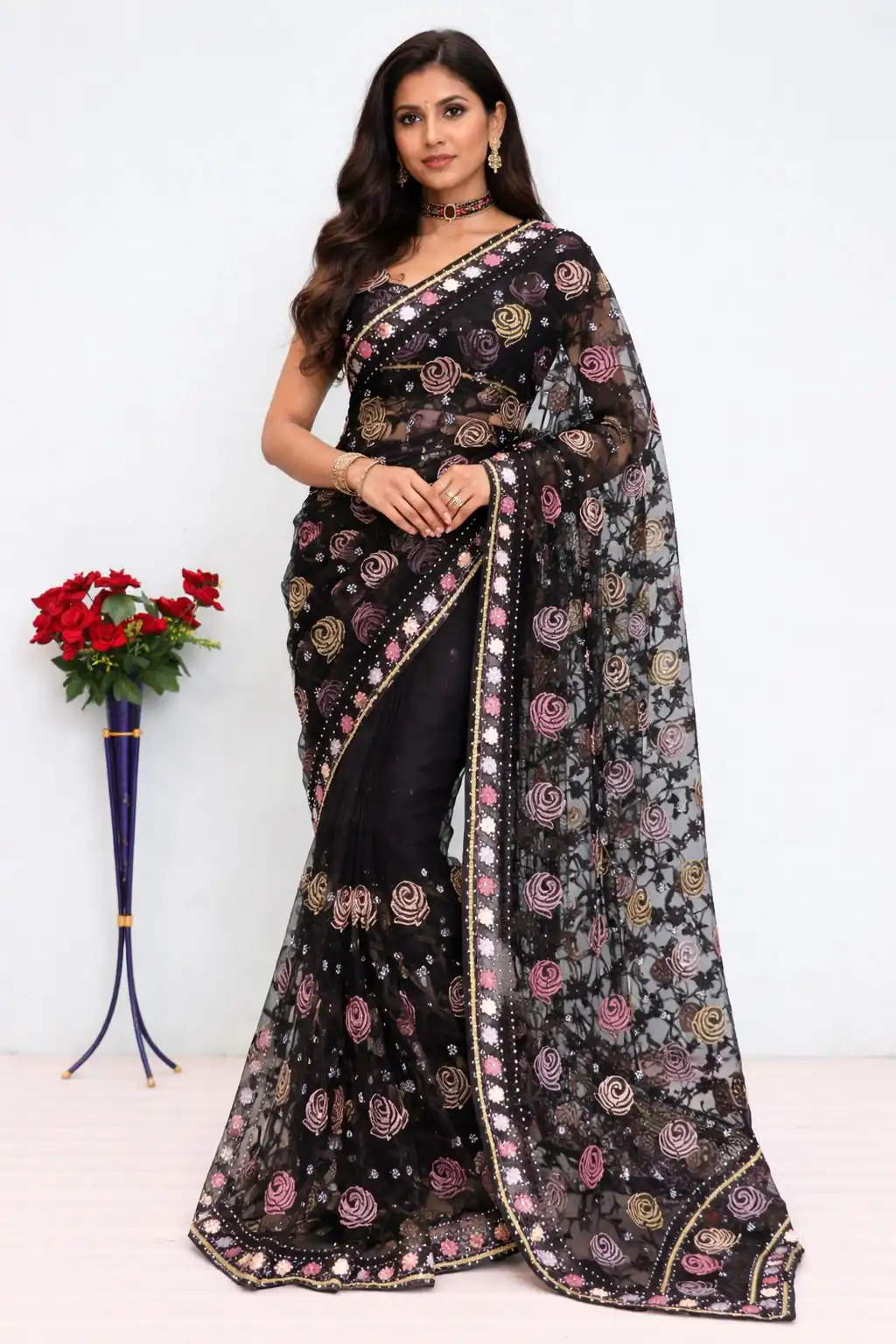 Unique White Butterfly Net Stone Saree