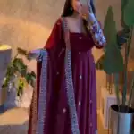 Unique Wine Fendy Silk Embroidery Work Gown