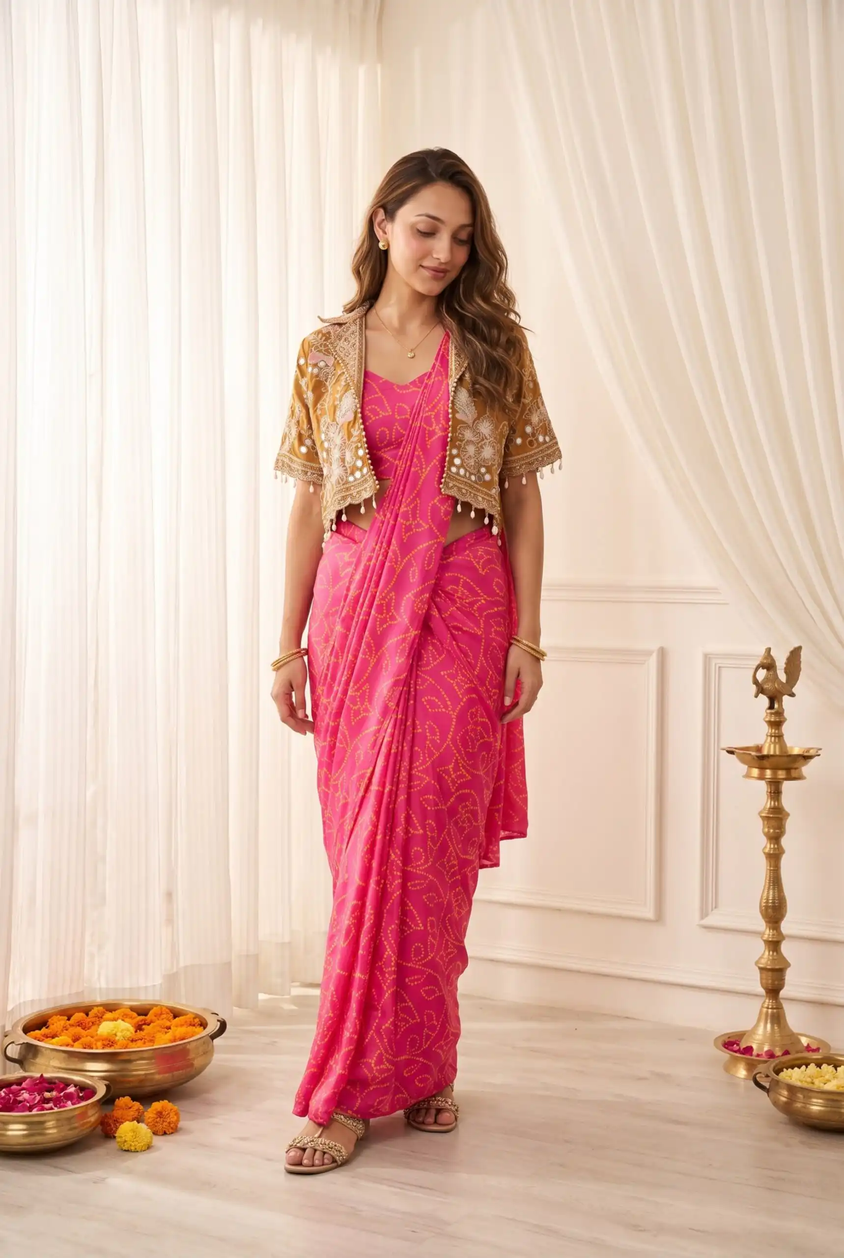 Pretty Pink Chinon Silk Digital Print Work Saree