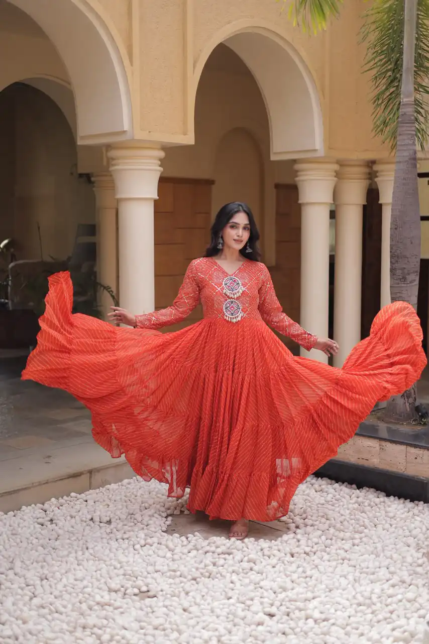 KA 1275 Orange in Colour Faux Georgette Bandhani Print Work Gown. Available at ₹1669 only. Delivery 4-6 Working Days. Shop now. | Gowns, Bollywood Gowns, Creative Gowns, Designer Gowns, Embroidered Gowns, Party Wear Gowns