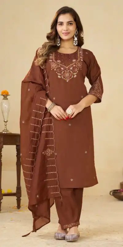 DIVA 194 Brown Thread Embroidery & Embroidery Work Salwar Suit in Brown Marina Silk. Now at just ₹2799. Delivery 4-6 Working Days. Shop now. | Jump Suits, Salwar suit, Casual Suits, Creative suits, Designer Suits, Palazzo Suits, Party Wear Suits, Patiala Suits, Straight Suits