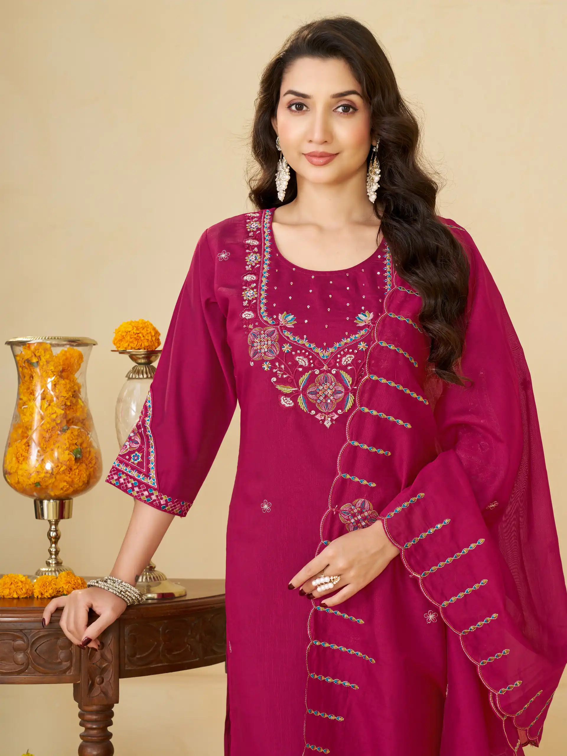 DIVA 194 Pink Thread Embroidery & Embroidery Work Salwar Suit in Brown Marina Silk. Now at just ₹2799. Delivery 4-6 Working Days. Shop now. | Jump Suits, Salwar suit, Casual Suits, Creative suits, Designer Suits, Palazzo Suits, Party Wear Suits, Patiala Suits, Straight Suits