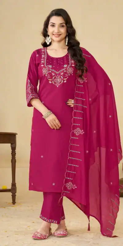 DIVA 194 Pink Thread Embroidery & Embroidery Work Salwar Suit in Brown Marina Silk. Now at just ₹2799. Delivery 4-6 Working Days. Shop now. | Jump Suits, Salwar suit, Casual Suits, Creative suits, Designer Suits, Palazzo Suits, Party Wear Suits, Patiala Suits, Straight Suits