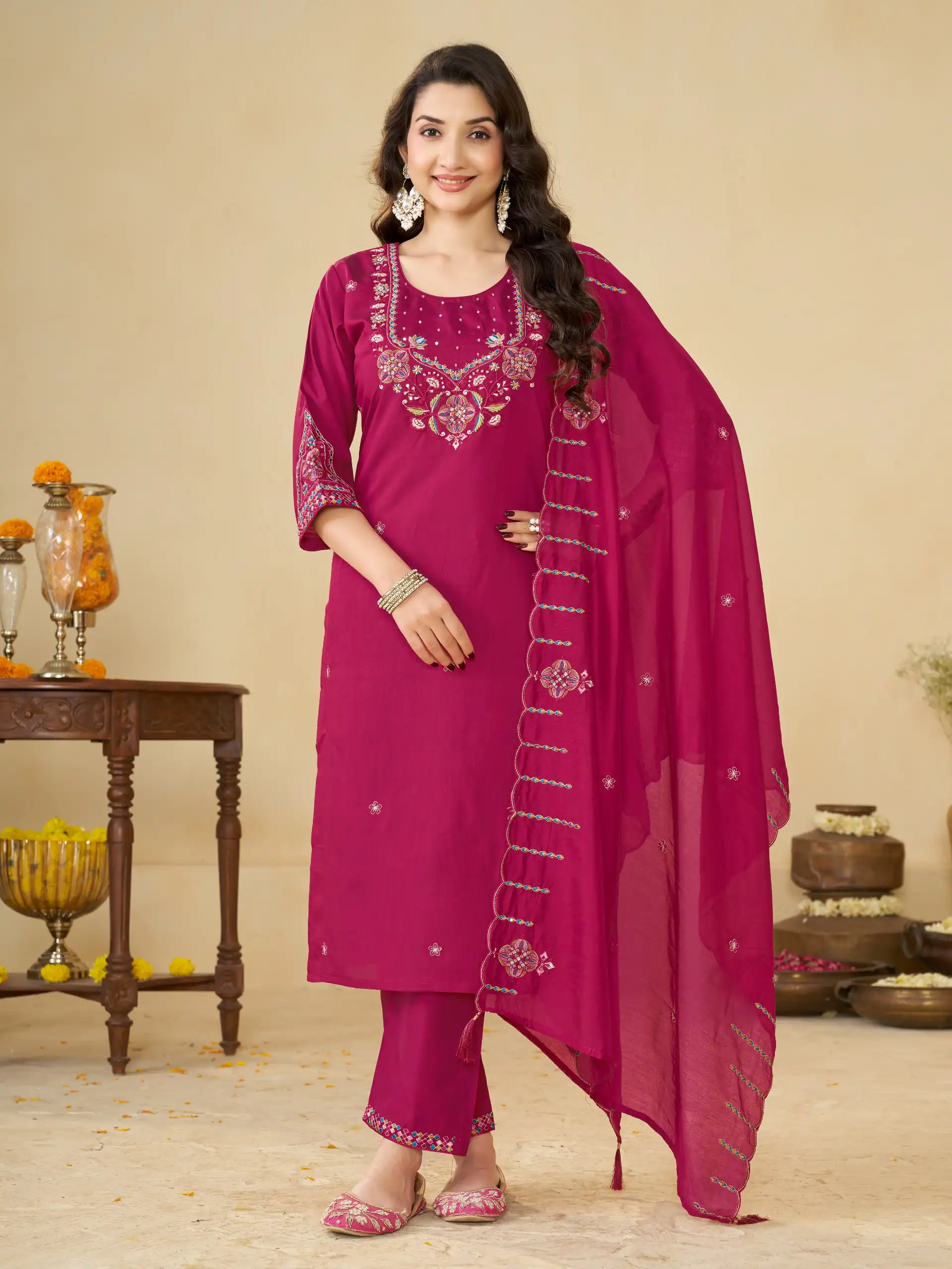 DIVA 194 Pink Thread Embroidery & Embroidery Work Salwar Suit in Brown Marina Silk. Now at just ₹2799. Delivery 4-6 Working Days. Shop now. | Jump Suits, Salwar suit, Casual Suits, Creative suits, Designer Suits, Palazzo Suits, Party Wear Suits, Patiala Suits, Straight Suits