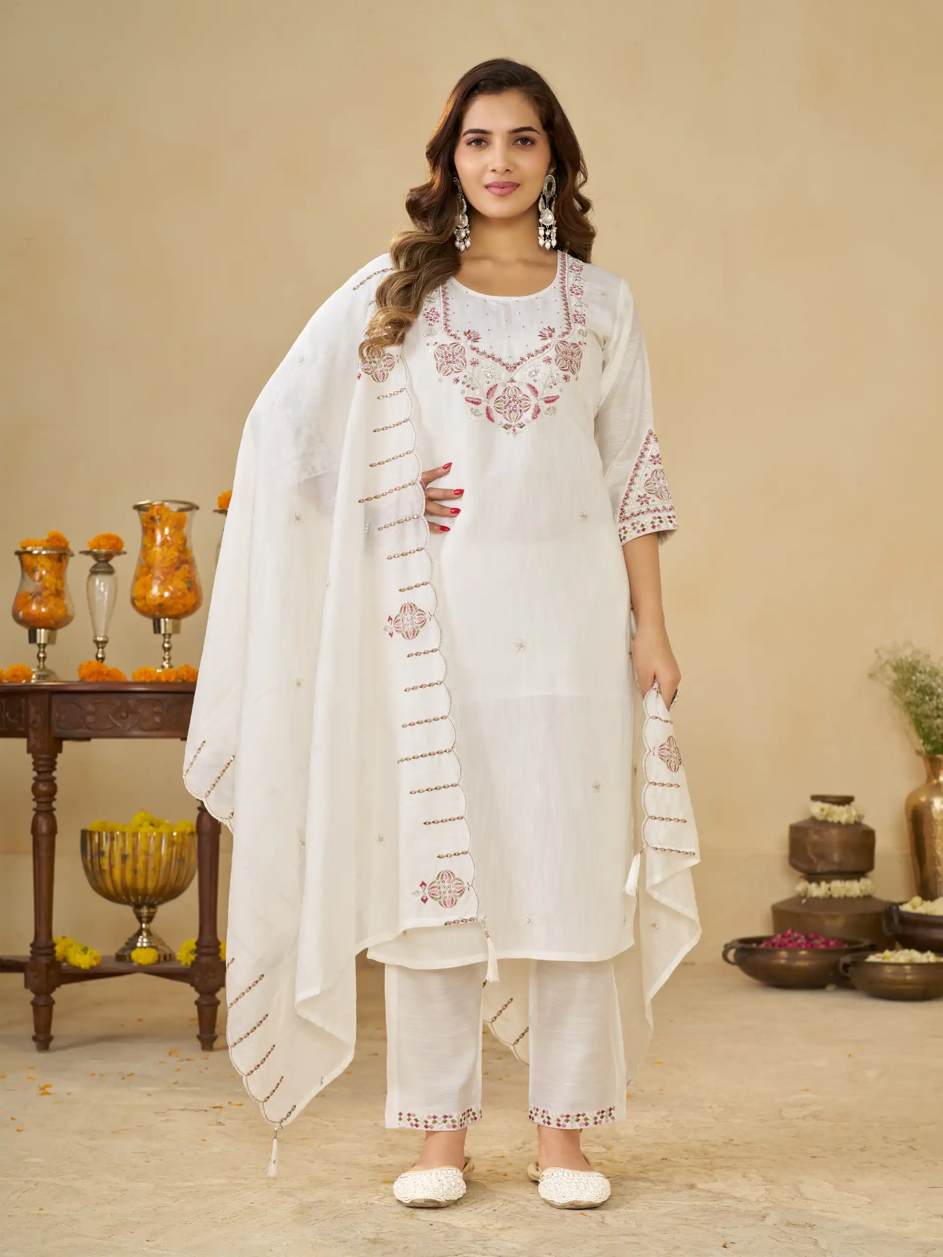 DIVA 194 White Thread Embroidery & Embroidery Work Salwar Suit in Brown Marina Silk. Now at just ₹2799. Delivery 4-6 Working Days. Shop now. | Jump Suits, Salwar suit, Casual Suits, Creative suits, Designer Suits, Palazzo Suits, Party Wear Suits, Patiala Suits, Straight Suits