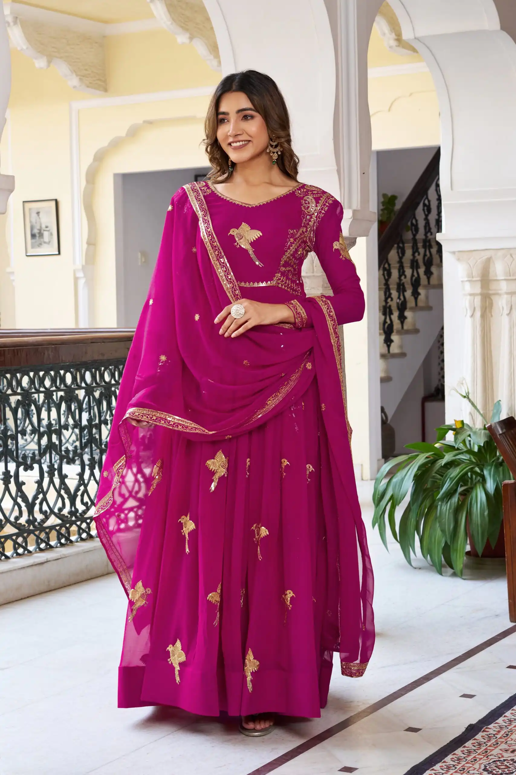 SP 30 Pink Faux Georgette Gown with Mirror Work & Embroidery Work. Get it for ₹1799. Delivery 4-6 Working Days. Online Shop now. | Gowns, Bollywood Gowns, Creative Gowns, Designer Gowns, Embroidered Gowns, Party Wear Gowns