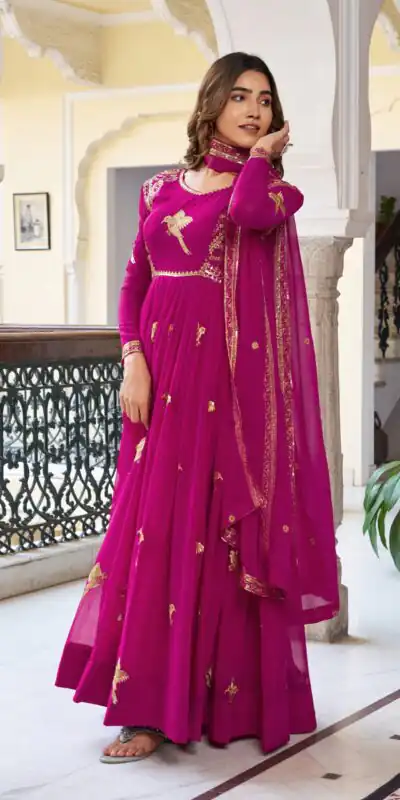 SP 30 Pink Faux Georgette Gown with Mirror Work & Embroidery Work. Get it for ₹1799. Delivery 4-6 Working Days. Online Shop now. | Gowns, Bollywood Gowns, Creative Gowns, Designer Gowns, Embroidered Gowns, Party Wear Gowns