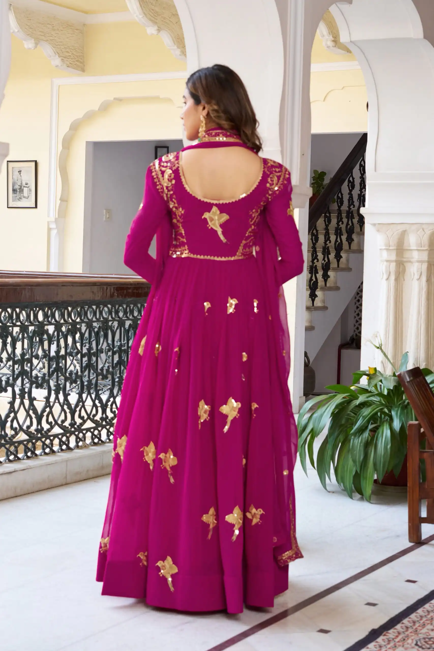 SP 30 Pink Faux Georgette Gown with Mirror Work & Embroidery Work. Get it for ₹1799. Delivery 4-6 Working Days. Online Shop now. | Gowns, Bollywood Gowns, Creative Gowns, Designer Gowns, Embroidered Gowns, Party Wear Gowns