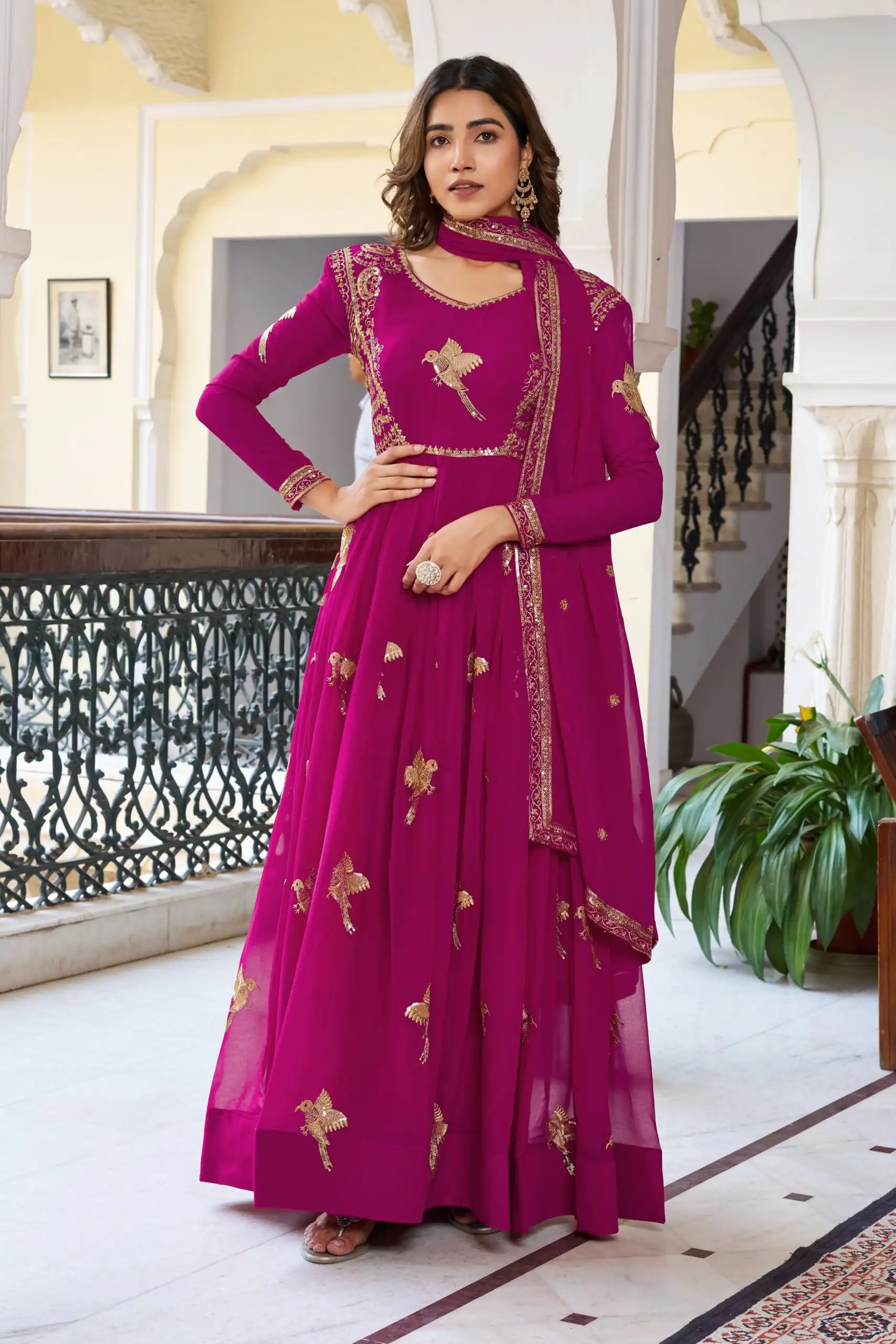 SP 30 Pink Faux Georgette Gown with Mirror Work & Embroidery Work. Get it for ₹1799. Delivery 4-6 Working Days. Online Shop now. | Gowns, Bollywood Gowns, Creative Gowns, Designer Gowns, Embroidered Gowns, Party Wear Gowns