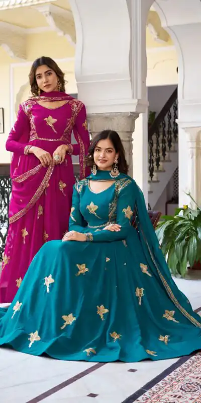 SP 30 Pink Faux Georgette Gown with Mirror Work & Embroidery Work. Get it for ₹1799. Delivery 4-6 Working Days. Online Shop now. | Gowns, Bollywood Gowns, Creative Gowns, Designer Gowns, Embroidered Gowns, Party Wear Gowns