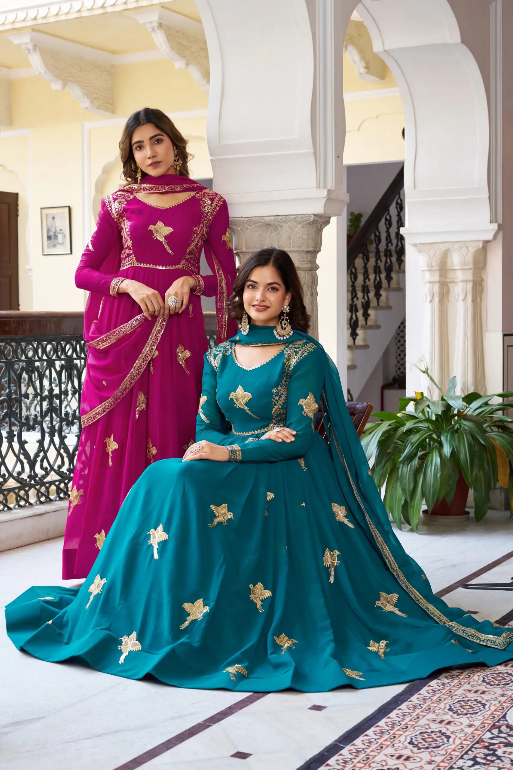 SP 30 Pink Faux Georgette Gown with Mirror Work & Embroidery Work. Get it for ₹1799. Delivery 4-6 Working Days. Online Shop now. | Gowns, Bollywood Gowns, Creative Gowns, Designer Gowns, Embroidered Gowns, Party Wear Gowns