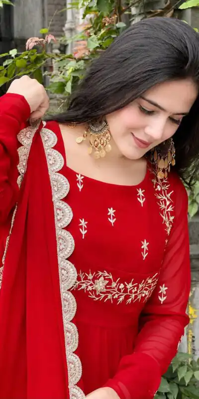 ZB 5078 Red Faux Georgette Gown with Mirror Work & Embroidery Work. Get it for ₹2199. Delivery 4-6 Working Days. Online Shop now. | Gowns, Bollywood Gowns, Creative Gowns, Designer Gowns, Embroidered Gowns, Party Wear Gowns