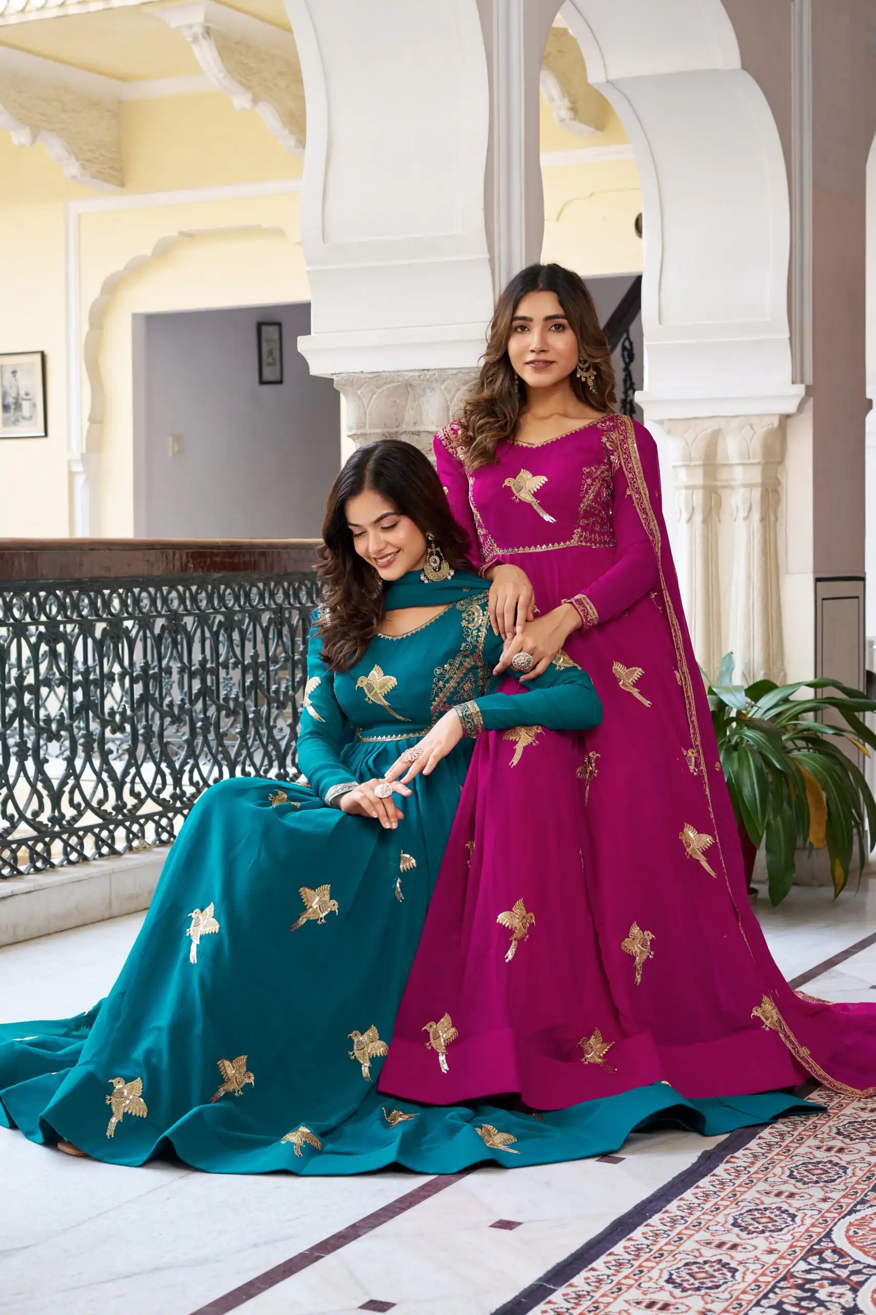 SP 30 Teal Faux Georgette Gown with Mirror Work & Embroidery Work. Get it for ₹1799. Delivery 4-6 Working Days. Online Shop now. | Gowns, Bollywood Gowns, Creative Gowns, Designer Gowns, Embroidered Gowns, Party Wear Gowns