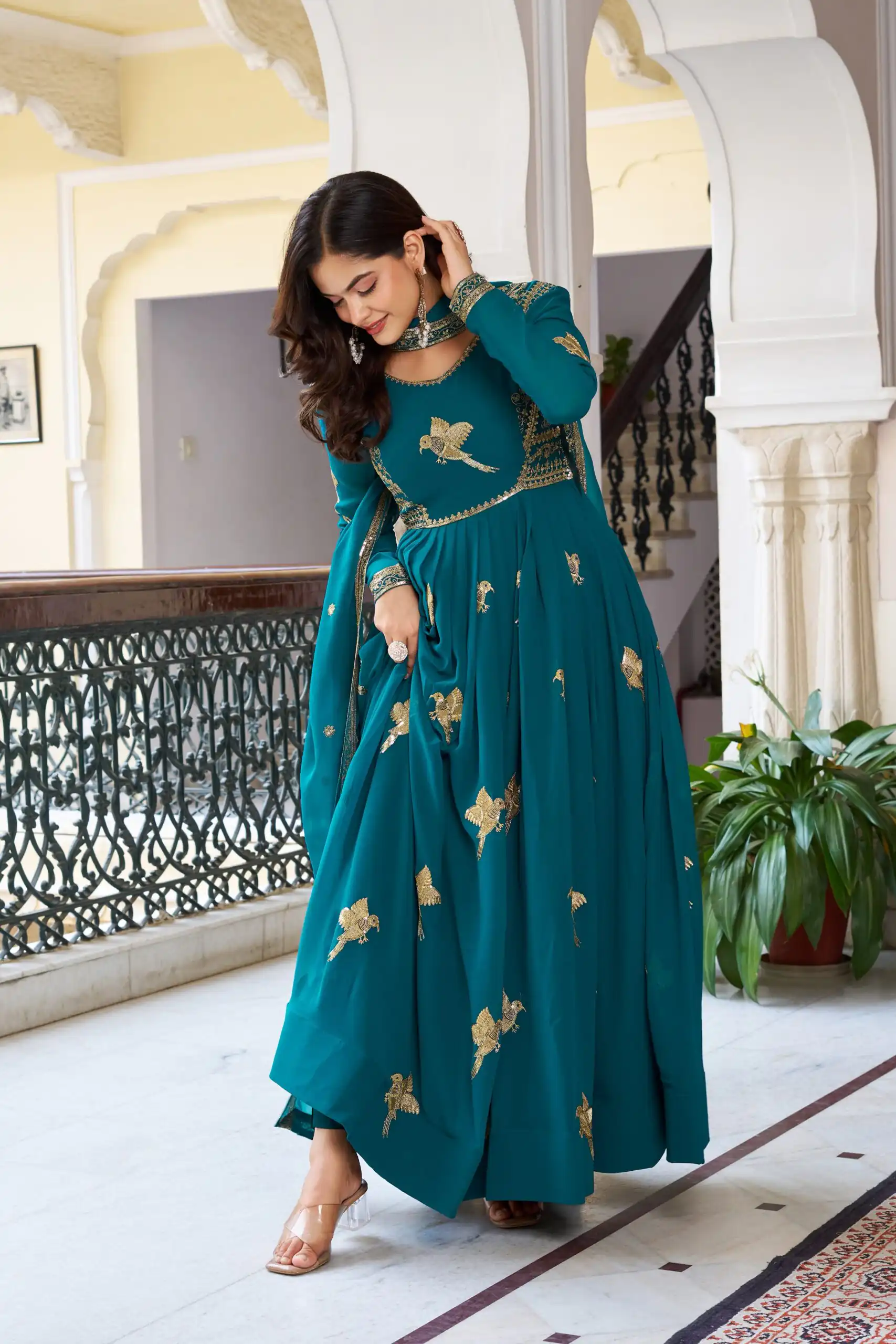 SP 30 Teal Faux Georgette Gown with Mirror Work & Embroidery Work. Get it for ₹1799. Delivery 4-6 Working Days. Online Shop now. | Gowns, Bollywood Gowns, Creative Gowns, Designer Gowns, Embroidered Gowns, Party Wear Gowns