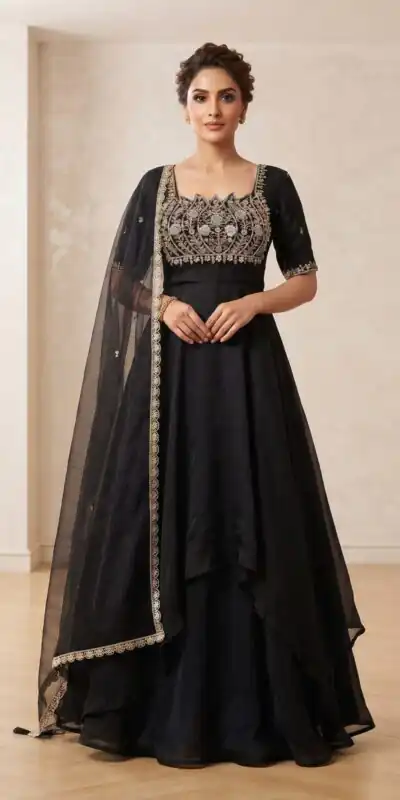 ST 1214 Black Fendy Crush Gown with Embroidery Work & Sequins Work. Special Price ₹2449. Delivery 4-6 Working Days. Shop now. | Gowns, Bollywood Gowns, Creative Gowns, Designer Gowns, Embroidered Gowns, Party Wear Gowns