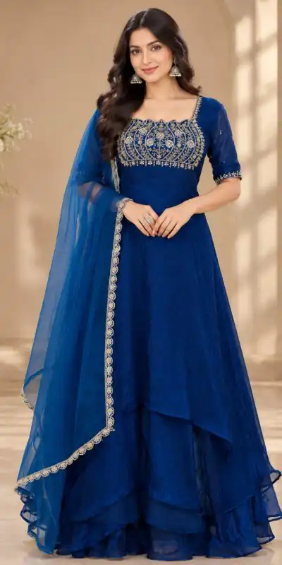 ST 1214 Blue Fendy Crush Gown with Embroidery Work & Sequins Work. Special Price ₹2449. Delivery 4-6 Working Days. Shop now. | Gowns, Bollywood Gowns, Creative Gowns, Designer Gowns, Embroidered Gowns, Party Wear Gowns