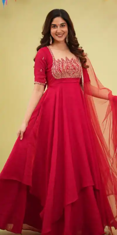 ST 1214 Red Fendy Crush Gown with Embroidery Work & Sequins Work. Special Price ₹2449. Delivery 4-6 Working Days. Shop now. | Gowns, Bollywood Gowns, Creative Gowns, Designer Gowns, Embroidered Gowns, Party Wear Gowns
