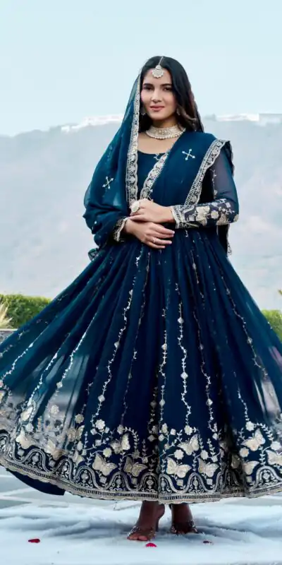 Ram 167 Teal Faux Georgette Gown with Mirror Work & Embroidery Work. Get it for ₹2349. Delivery 4-6 Working Days. Online Shop now. | Gowns, Bollywood Gowns, Creative Gowns, Designer Gowns, Embroidered Gowns, Party Wear Gowns