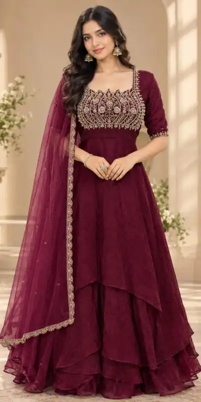 ST 1214 Wine Fendy Crush Gown with Embroidery Work & Sequins Work. Special Price ₹2449. Delivery 4-6 Working Days. Shop now. | Gowns, Bollywood Gowns, Creative Gowns, Designer Gowns, Embroidered Gowns, Party Wear Gowns