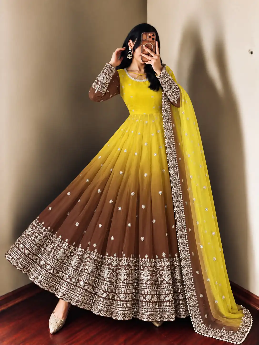 SR 1725 Yellow Faux Georgette Gown with Mirror Work & Embroidery Work. Get it for ₹2449. Delivery 4-6 Working Days. Online Shop now. | Gowns, Bollywood Gowns, Creative Gowns, Designer Gowns, Embroidered Gowns, Party Wear Gowns