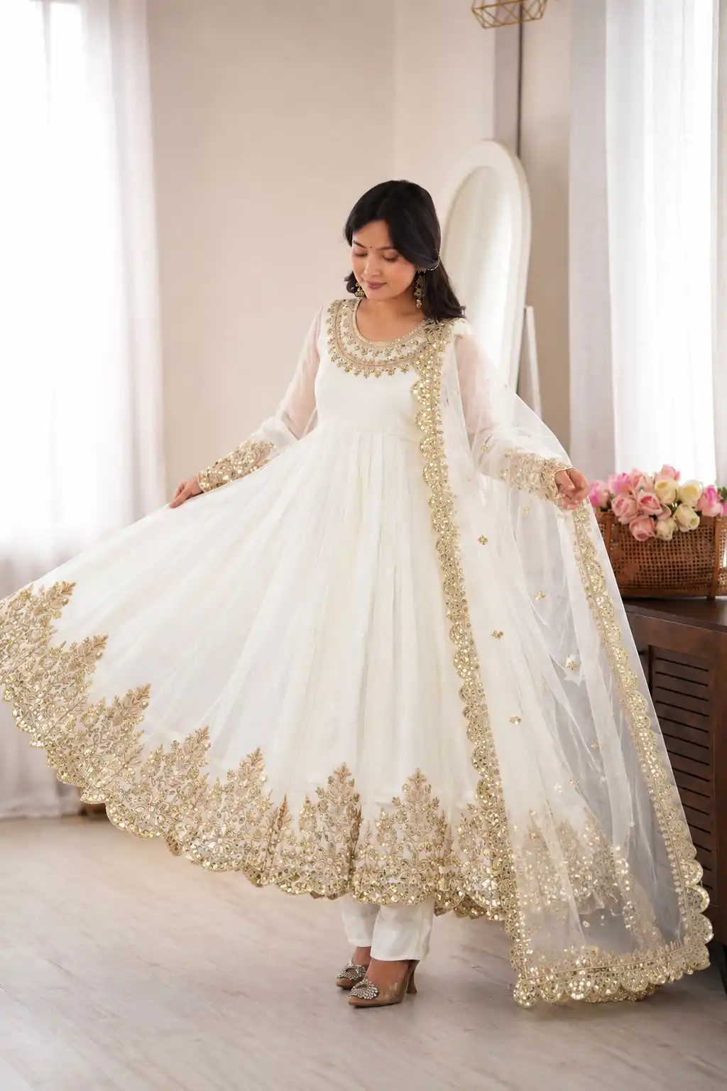 SR 1723 White Doremon Crush Gown with Lace Work & Mirror Work. Exclusive Offer ₹2449. Delivery 4-6 Working Days. Shop now. | Gowns, Bollywood Gowns, Creative Gowns, Designer Gowns, Embroidered Gowns, Party Wear Gowns
