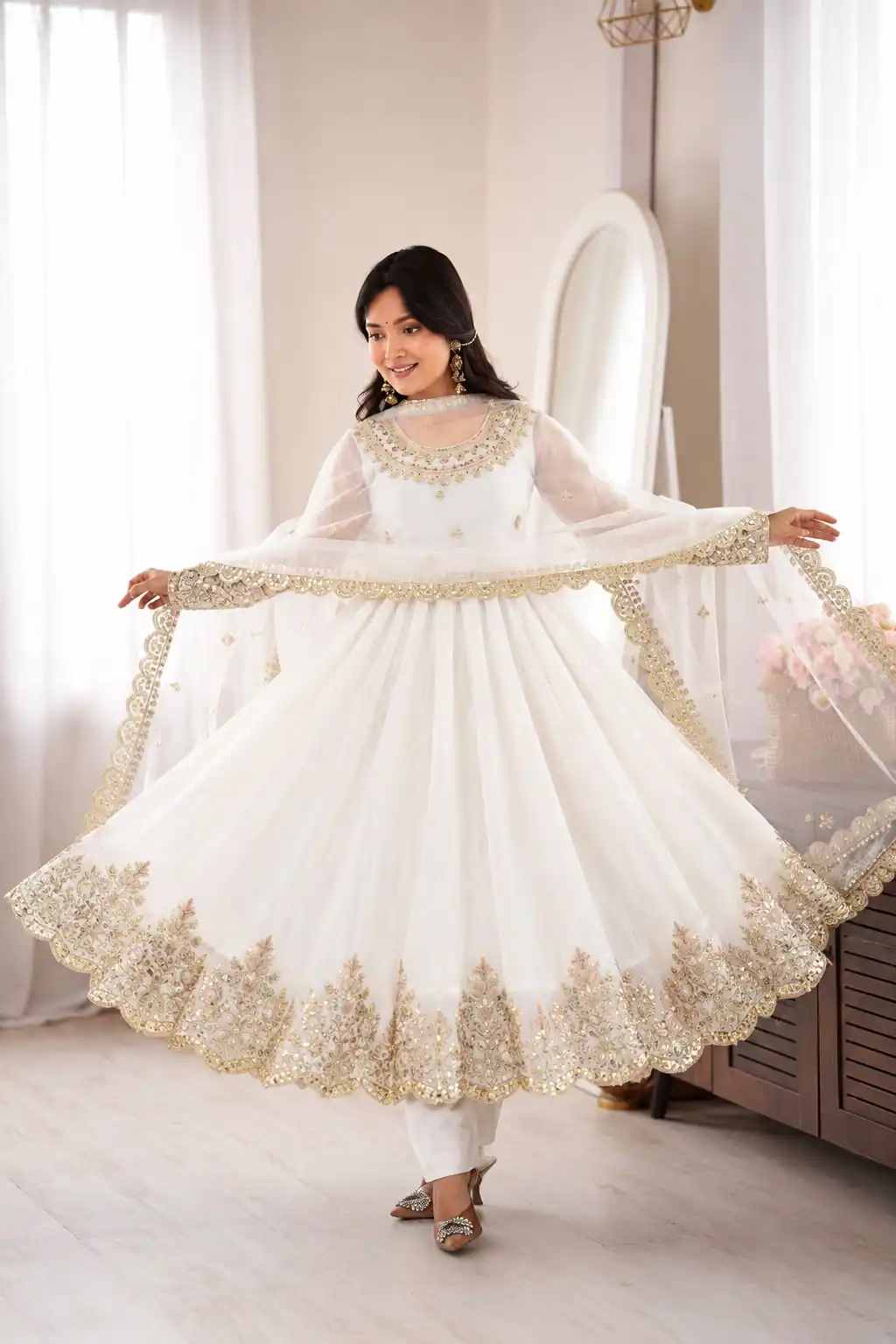 SR 1723 White Doremon Crush Gown with Lace Work & Mirror Work. Exclusive Offer ₹2449. Delivery 4-6 Working Days. Shop now. | Gowns, Bollywood Gowns, Creative Gowns, Designer Gowns, Embroidered Gowns, Party Wear Gowns