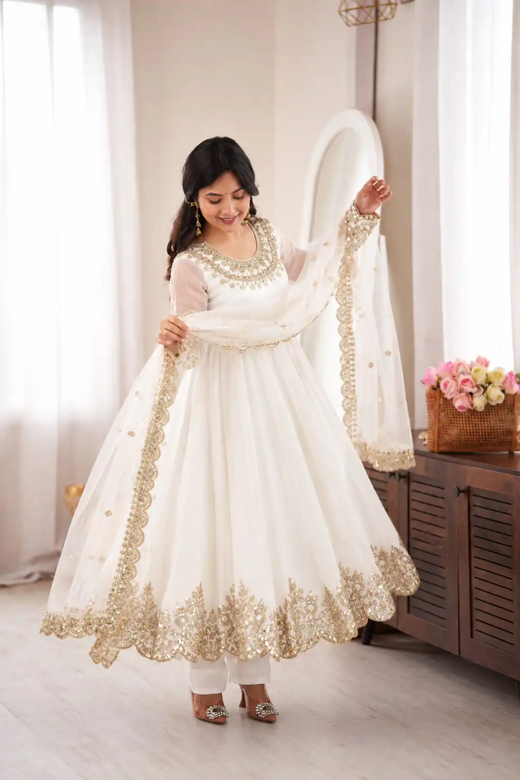 SR 1723 White Doremon Crush Gown with Lace Work & Mirror Work. Exclusive Offer ₹2449. Delivery 4-6 Working Days. Shop now. | Gowns, Bollywood Gowns, Creative Gowns, Designer Gowns, Embroidered Gowns, Party Wear Gowns