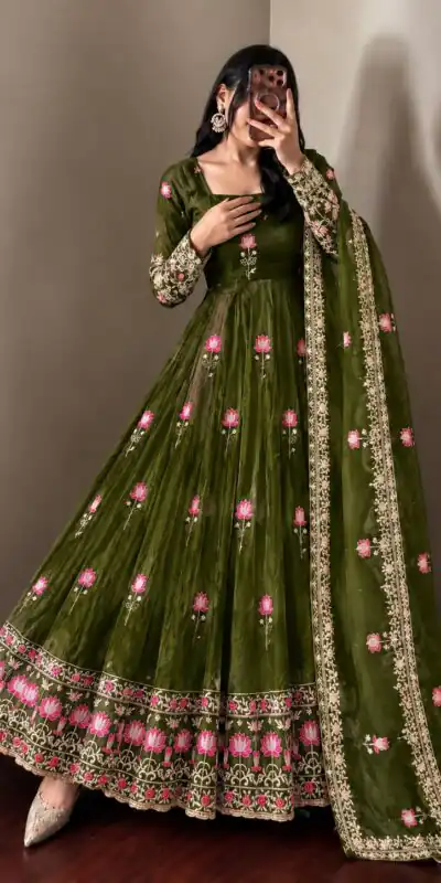 SR 1724 Mehendi Faux Georgette Gown with Mirror Work & Embroidery Work. Get it for ₹2799. Delivery 4-6 Working Days. Online Shop now. | Gowns, Bollywood Gowns, Creative Gowns, Designer Gowns, Embroidered Gowns, Party Wear Gowns